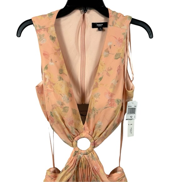 Aqua Formal Floral Cutout A-Line Long Gown Dress Ruffle Skirt Peach 12 NWT - Picture 4 of 8